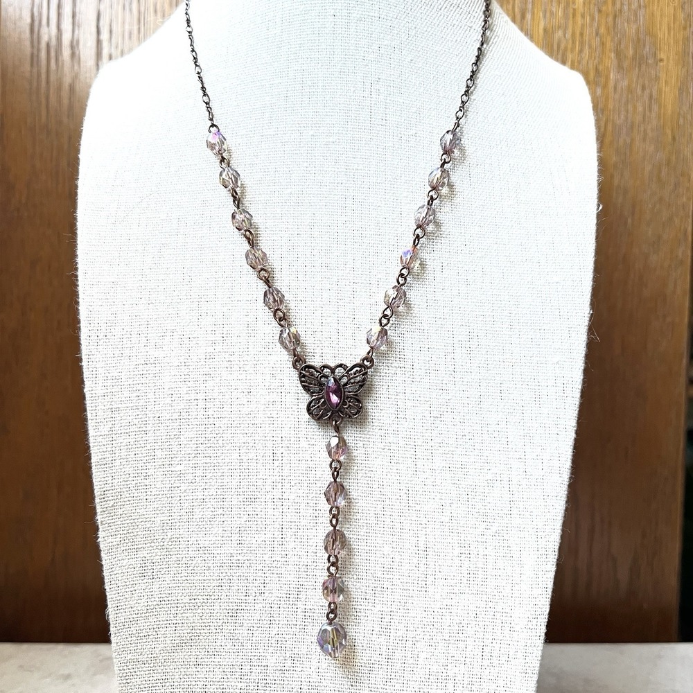 1928 Vintage Bronze Tone Purple Butterfly Pendant Station Necklace Boho Dainty
